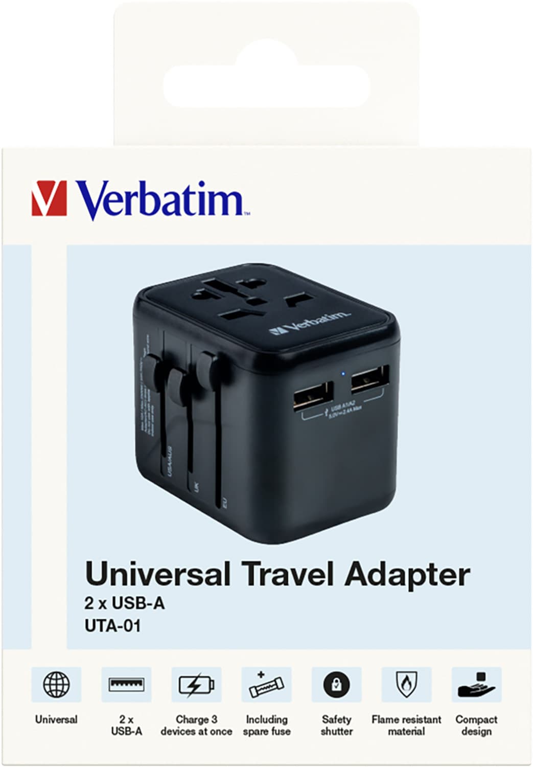Adaptateur de charge Verbatim, voyage universel, UTA-01, noir 100-250V, 2x USB Type-A, vente au détail