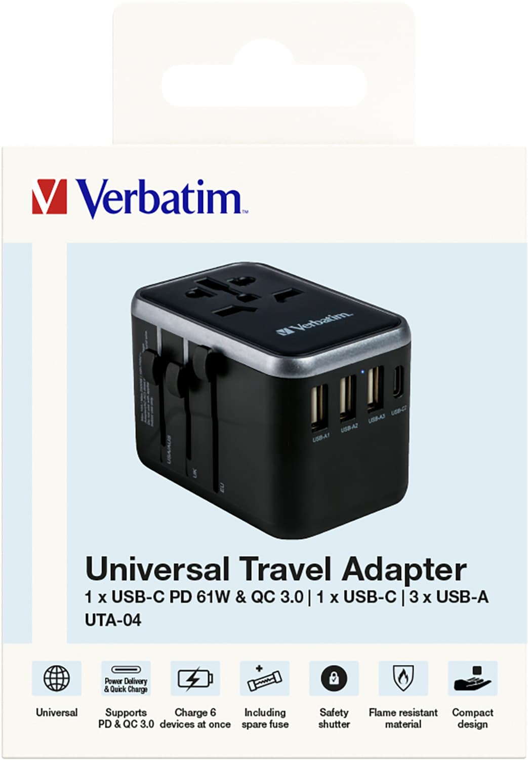 Adaptateur de charge Verbatim, Voyage universel, UTA-04, noir 100-250V, 3x USB Type-A, 2x USB Type-C, PD/QC, Vente au détail