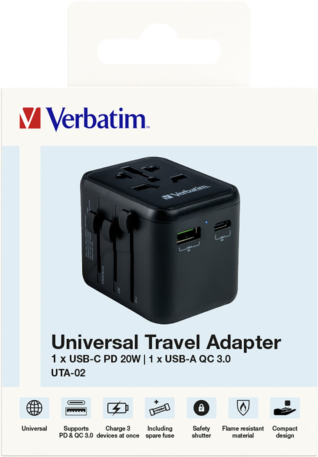 Adaptateur de charge Verbatim, Universal Travel, UTA-02, noir 100-250V, 1x USB Type-A QC, 1x USB Type-C PD, Vente au détail