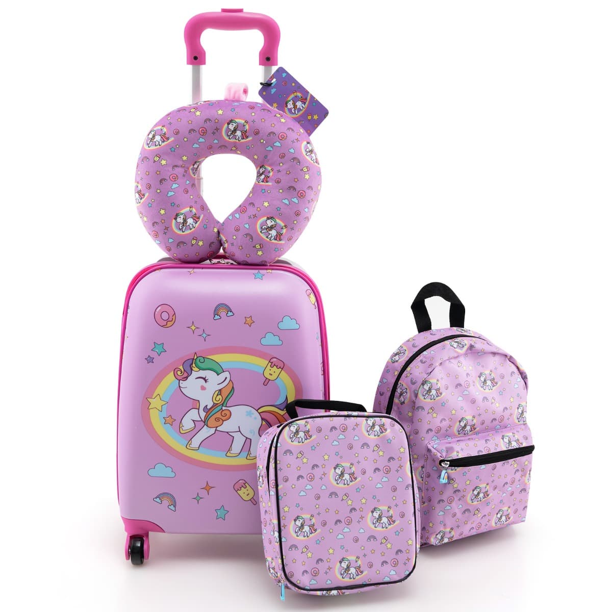 CostwayValise Enfants à Roulettes 16’’ & Sac à Dos 13’’Ensemble de 5 Bagages pour Enfants avec Oreiller Cervical Etiquette Licorne Rose